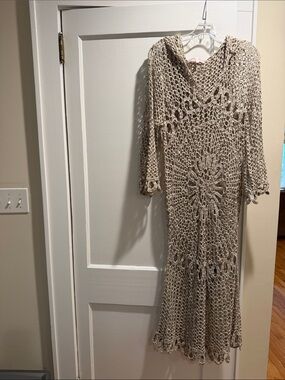 Monique Leshman Beige Crochet Hooded Maxi Dress